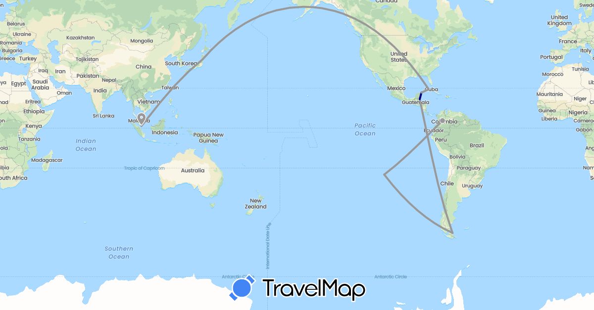 TravelMap itinerary: driving, plane in Argentina, Belize, Chile, Colombia, Cuba, Japan, Mexico, Singapore (Asia, North America, South America)